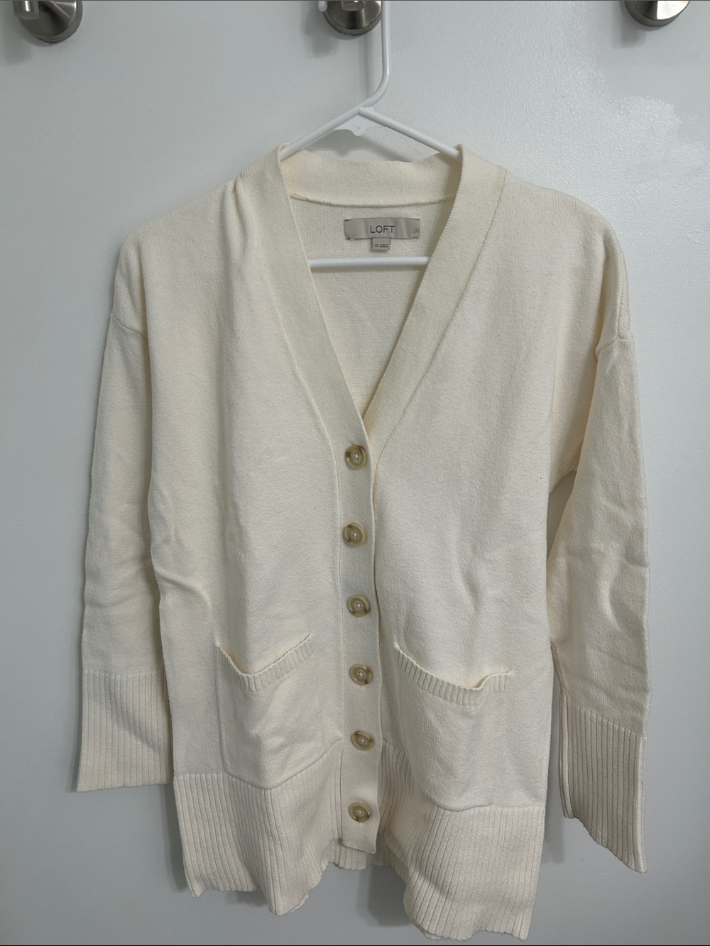 LOFT Cream Button-Up V-Neck Cardigan with Patch Pockets